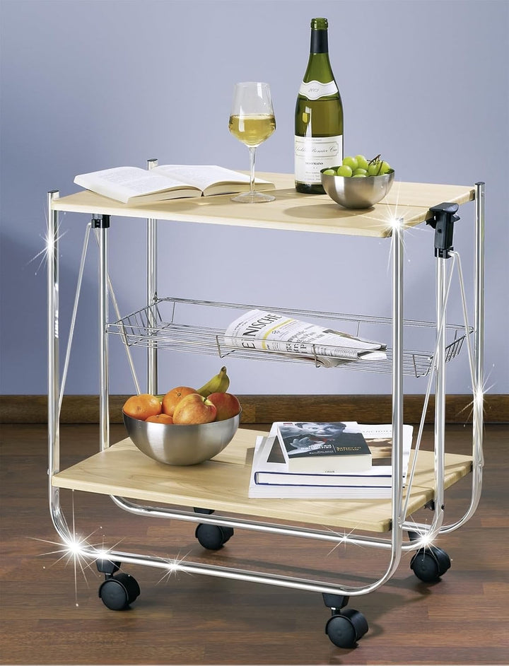 WENKO Servierwagen Dinett Deluxe Ahorn, 2 Ablageflächen & länglicher Gitterkorb, mit 4 leichtgängige