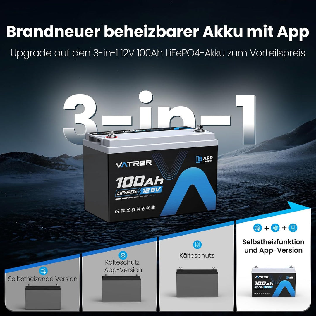 12V 100AH Bluetooth LiFePO4 Lithium Batterie mit 100A BMS 5000 Zyklen Lithium Akku 1280W Abschaltsch