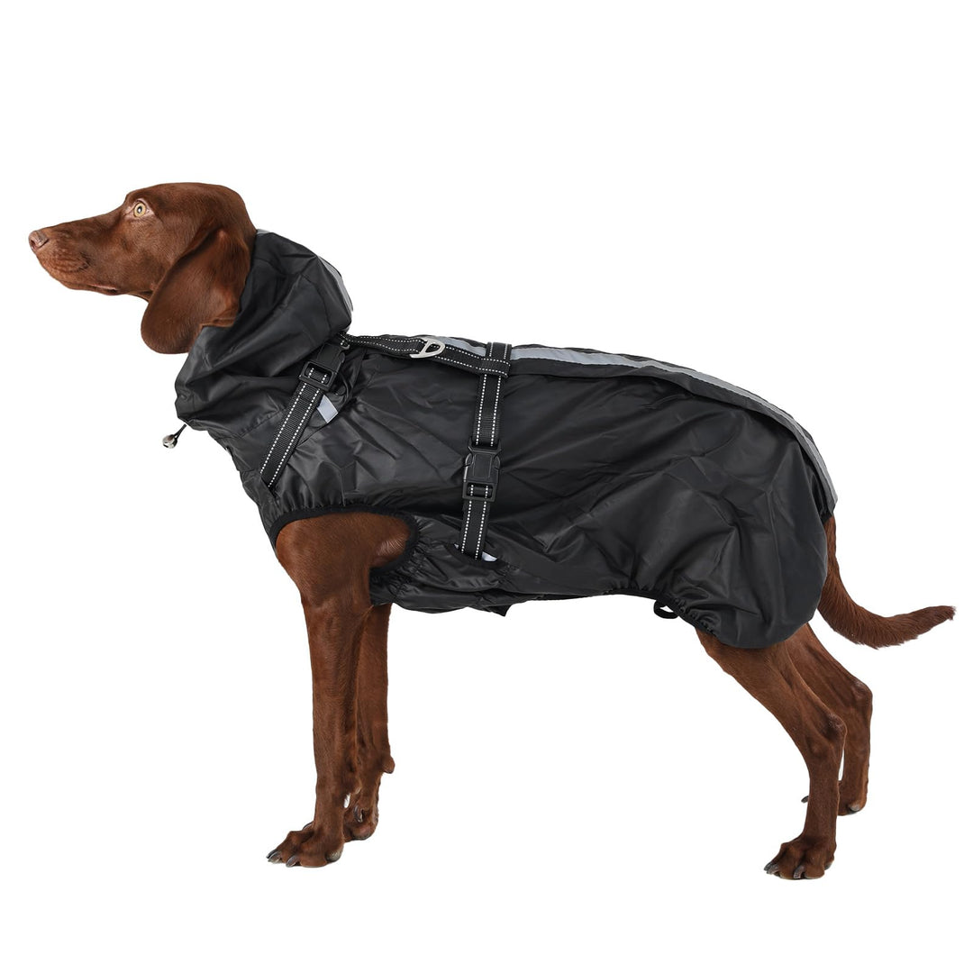 Hunderegenmantel wasserdicht, Regenjacke mit reflektierenden Streifen, H-Brustgeschirr (D-Ring) & Ab