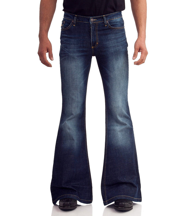 Comycom 70er Herren Blue Jeans dunkelblau Used - Jeans-Schlaghose für Männer, dunkle Vintage Bootcut