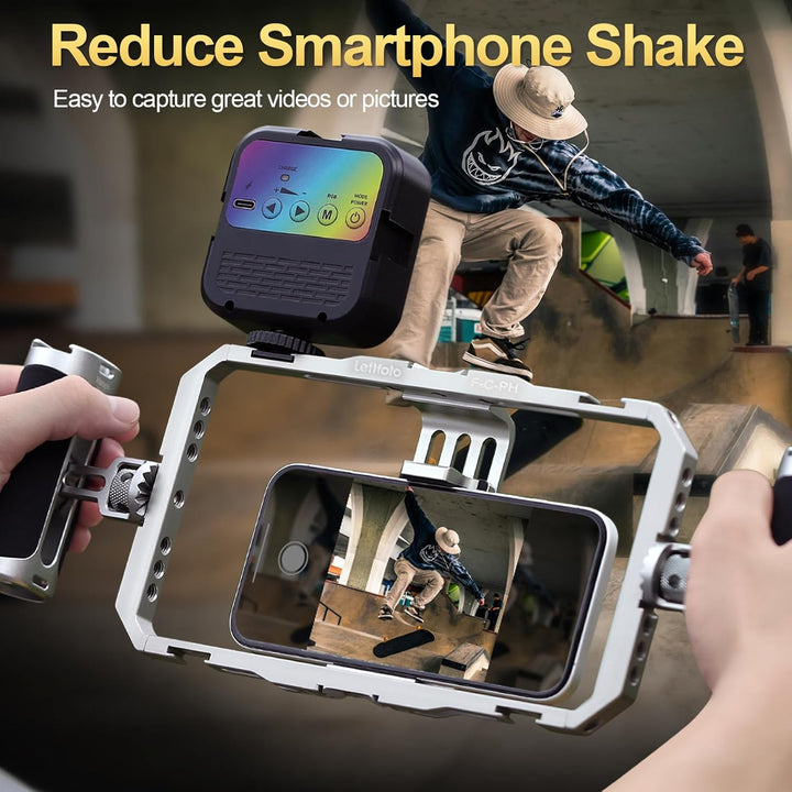 Leftfoto Universeller Aluminium-Stabilisator-Käfig, Smartphone-Video-Rig mit zwei Griffen für iPhone