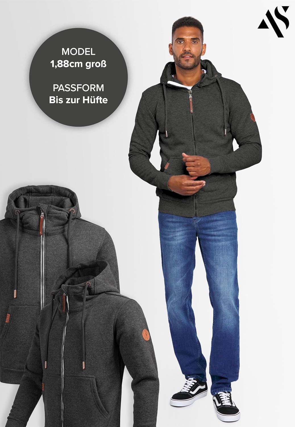 ALESSANDRO SALVARINI Herren Sweatjacke Kapuzenpullover Jacke Hoodie Kapuze Sweater AS292 L Dunkelgra