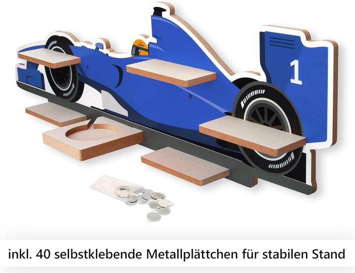 Kreative Feder Regal „Rennauto blau“ geeignet für Toniebox und Tonies inkl. 40 Metallplättchen für F