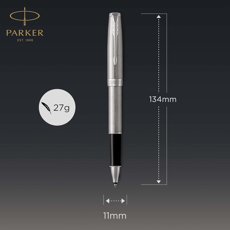 Parker Sonnet Tintenroller | Edelstahl mit Palladiumzierteilen | feine Spitze | Schwarze Tinte | Ges