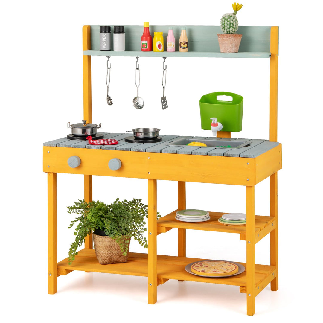 COSTWAY Matschküche Kinder Outdoor, Kinderküche Holz mit Wasserfunktion, Spielküche mit Haken & abne