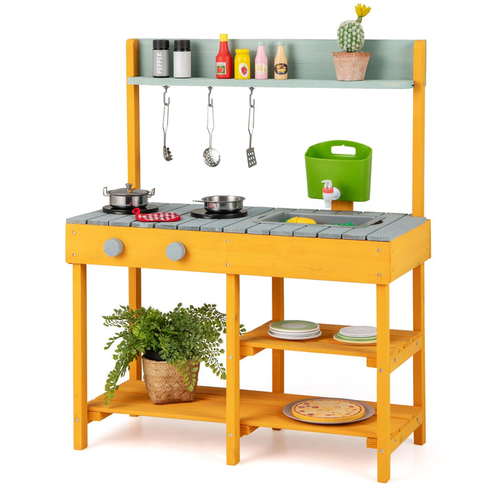COSTWAY Matschküche Kinder Outdoor, Kinderküche Holz mit Wasserfunktion, Spielküche mit Haken & abne