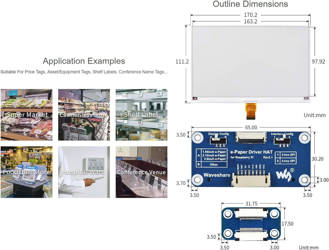 Waveshare 7.5inch E-Paper Display HAT (B) Module 800x480 Resolution 3.3v E-Ink Electronic Screen SPI