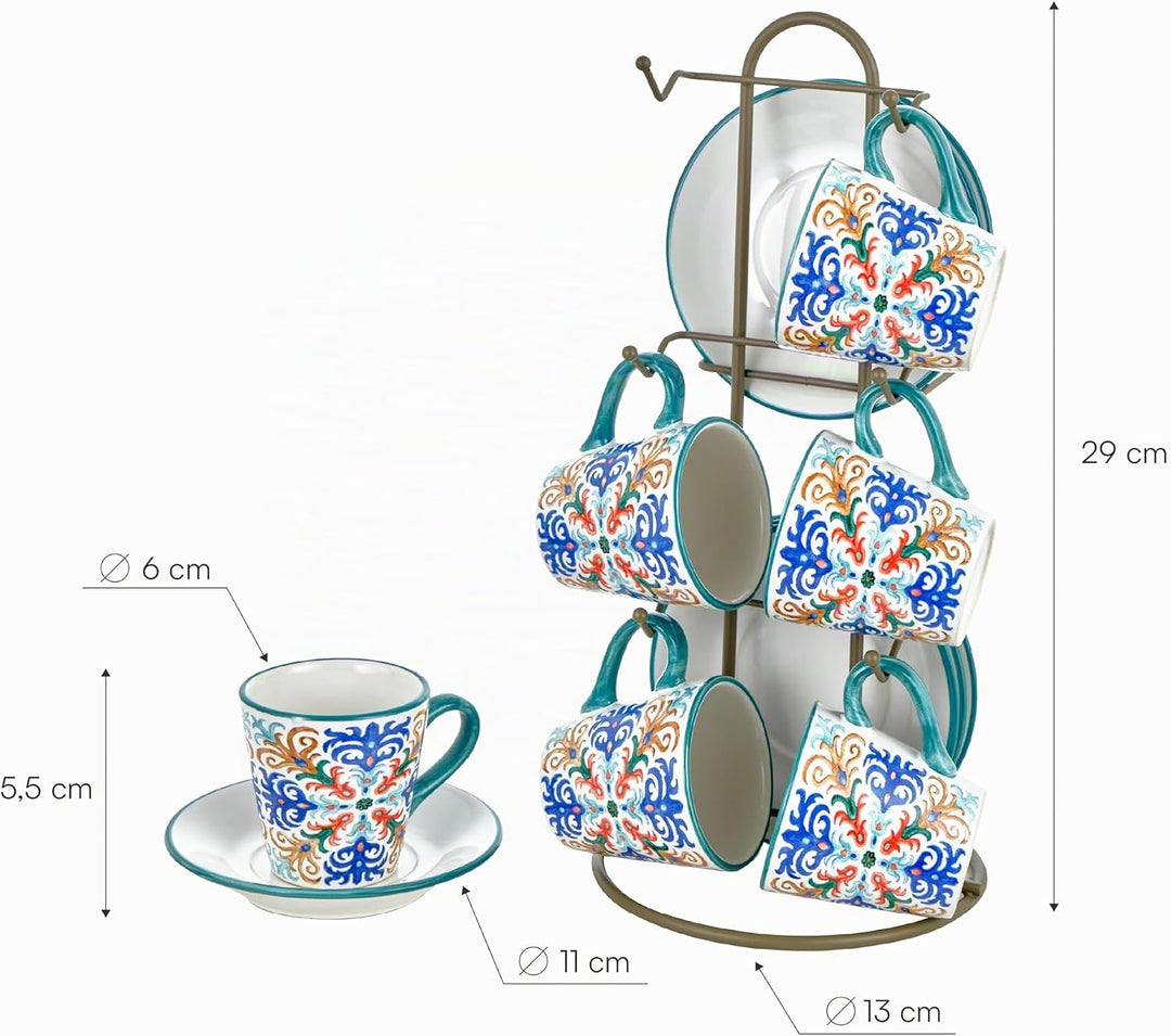 Baroni Home Set von dekorierten Keramik-Espressotassen mit Untertassen und Ständer, farbiges und rob