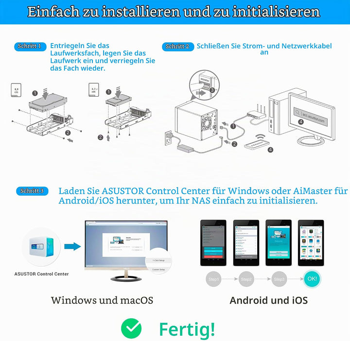 Asustor Lockerstor 4 AS6604T 4 Bay NAS - Netzwerkspeicher Gehäuse, Quad Core 2.0GHz CPU, 4GB RAM DDR