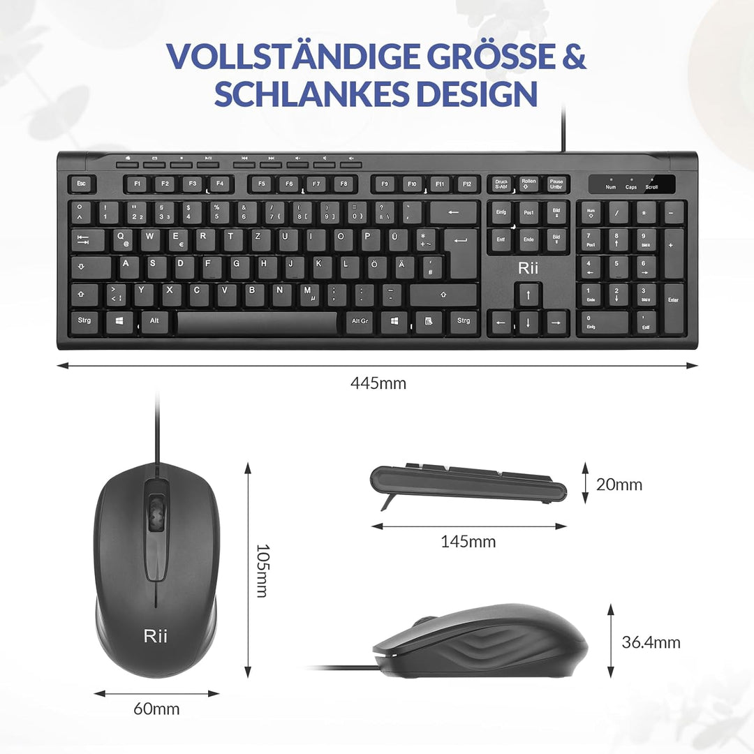 Rii Kabelgebundenes Tastatur-Maus-Set, PC Tastatur mit Kabel, Spritzwassergeschützt, Ergonomisch, US