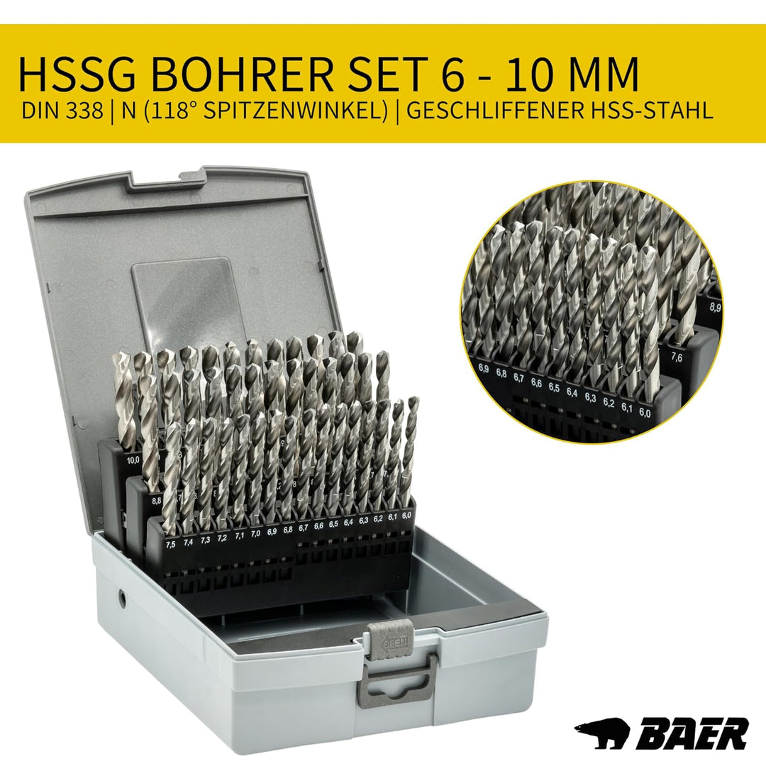 BAER HSSG Spiralbohrer Set (0,1mm steigend) 6-10 mm - DIN 338 - Bohrerset Stahl - Spiralbohrer Set -