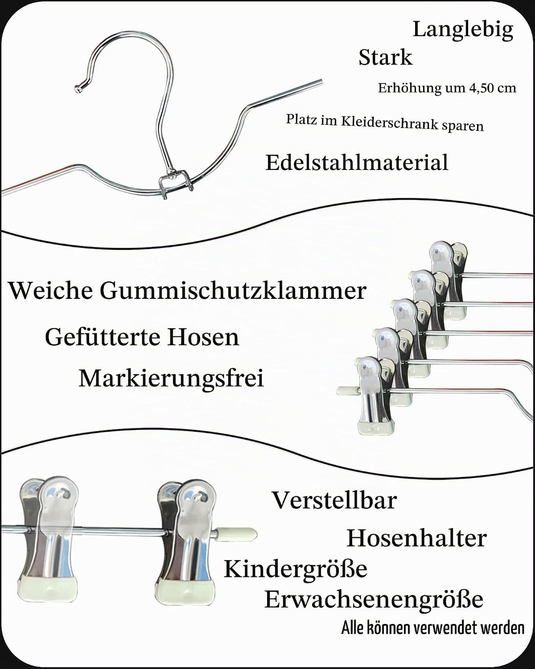 WJWSKI Hosenbügel, 20 Stück kleiderbügel Hosen, hosenbügel klemmbügel platzsparend aus Metall, Rockb