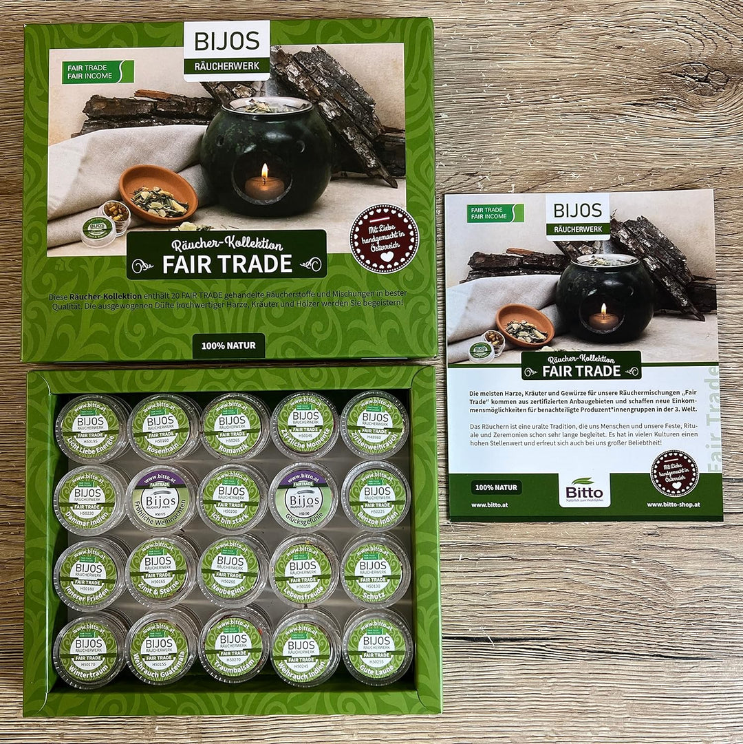 Bijos Räucherwerk Sortimentsbox Fair Trade, gefüllt mit 20 der beliebtesten Räucherwerk und Entspann