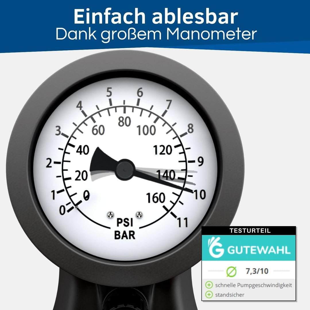 HiLo sports Fahrrad Standpumpe bis 11 bar - [Passt für alle Ventile] - Standluftpumpe mit Holz Griff