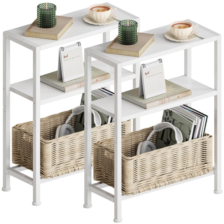 Schmaler Beistelltisch, Nachttisch, 2er Set, 3 Ablagen Nachttisch Schmal mit Stauraum, Sofa beistell
