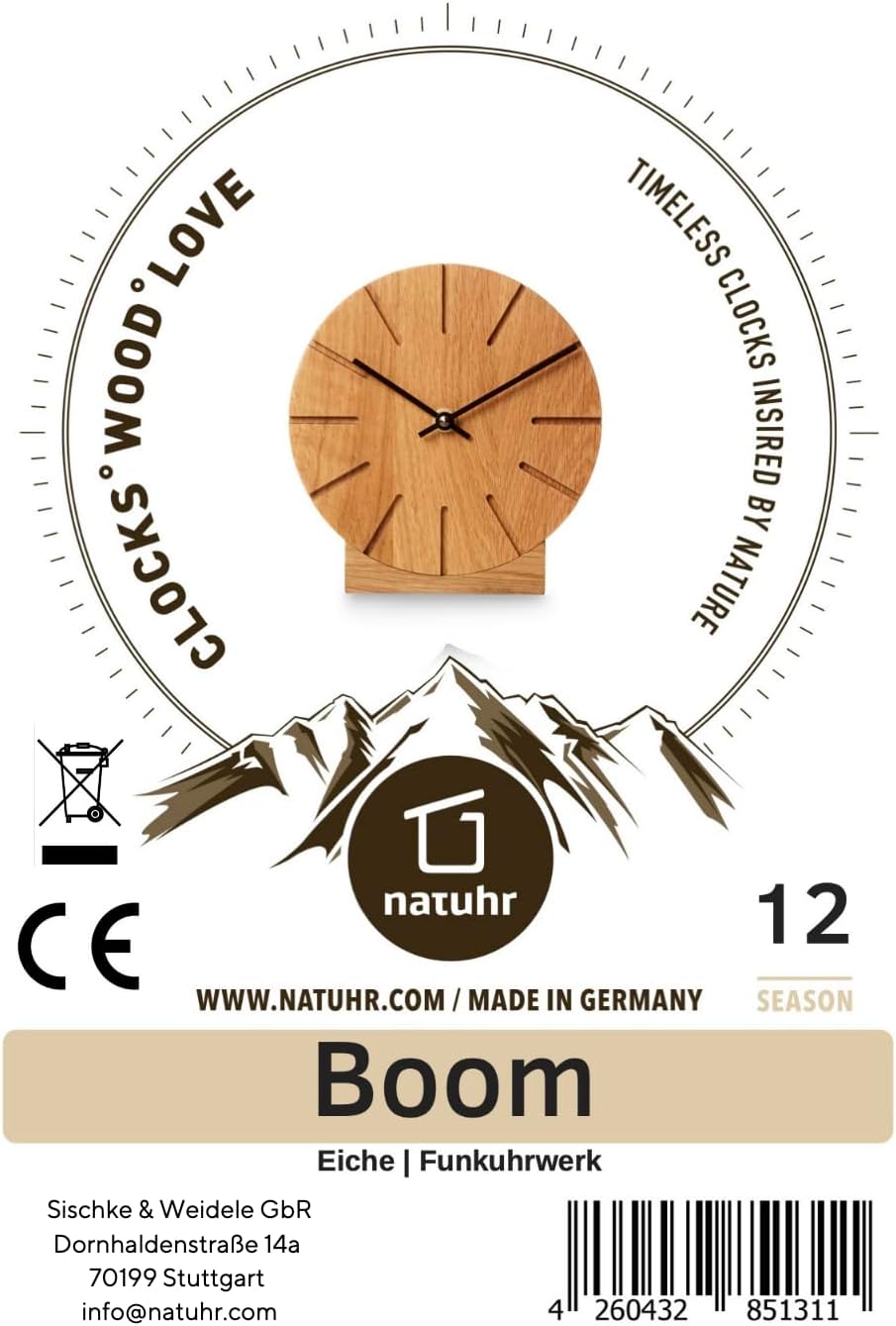 Natuhr Funkuhr Wanduhr Tischuhr Eiche Holz - Boom - geräuscharm Massivholz Design ø17 cm (Eiche geöl
