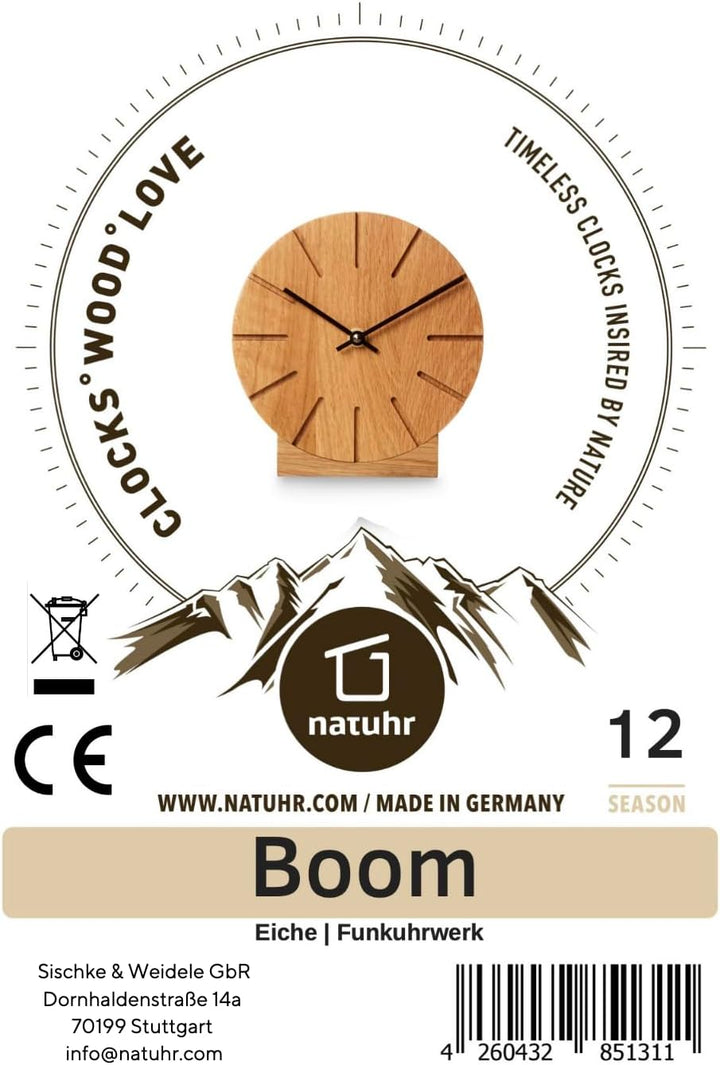 Natuhr Funkuhr Wanduhr Tischuhr Eiche Holz - Boom - geräuscharm Massivholz Design ø17 cm (Eiche geöl