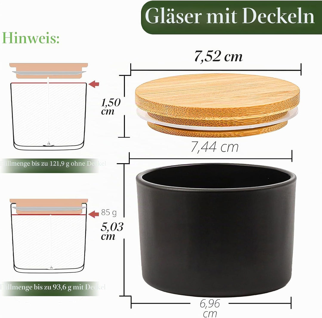 CONNOO 15 Stück 120ml Mattschwarze Glas-Kerzengläser mit luftdichten Bambusdeckeln zum Kerzenmachen,