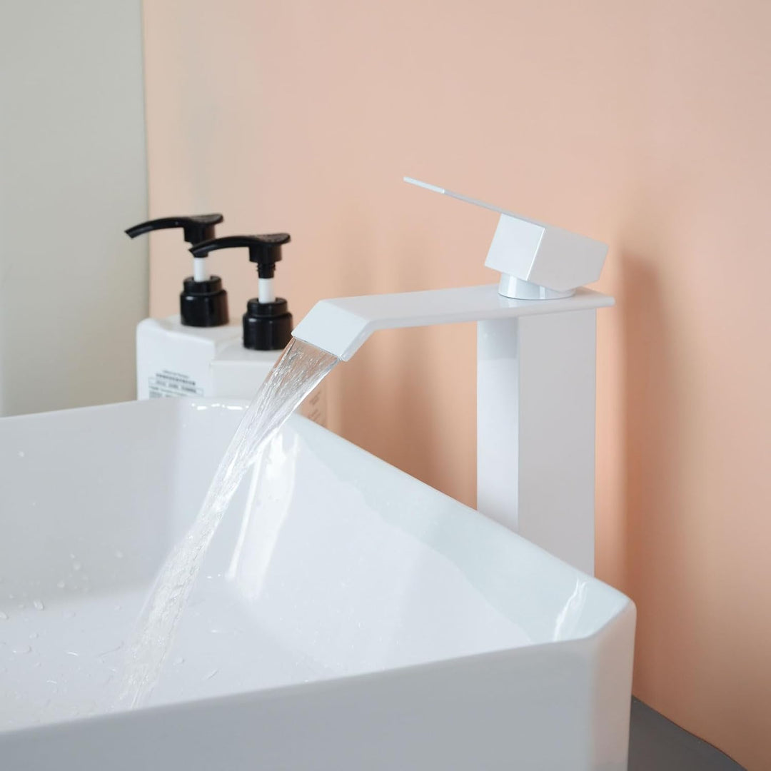 PHASAT Waschtischarmatur Hoch Wasserfall Wasserhahn Bad Weiss Einhebelmischer Mischbatterie für Wasc