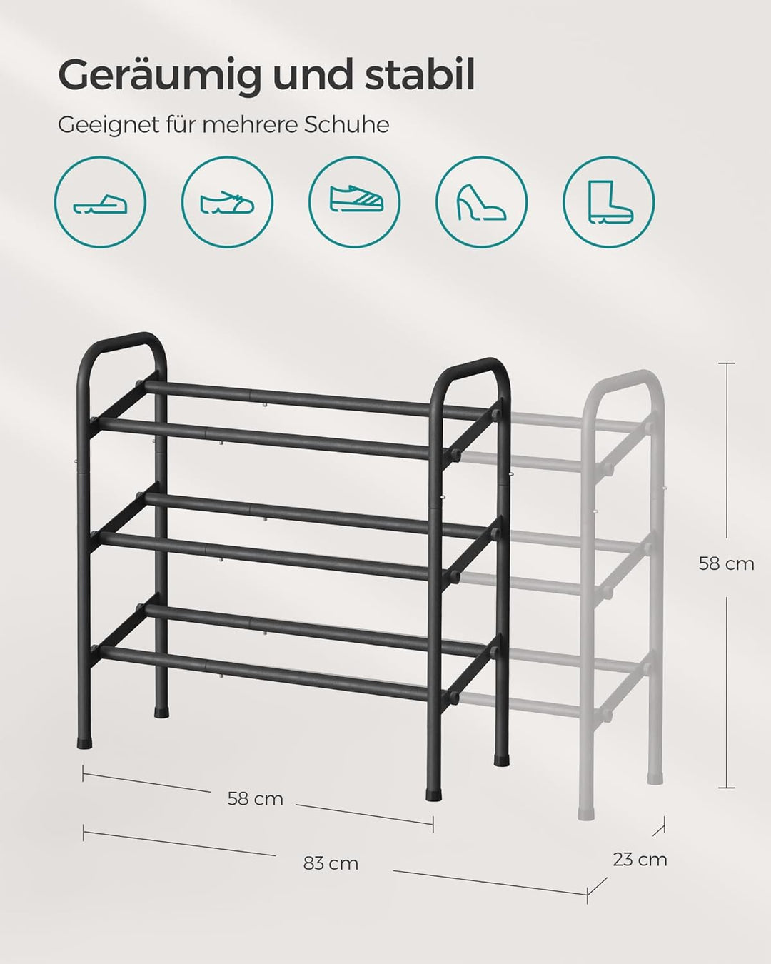 SONGMICS Schuhregal, Schuhständer, 3 Ebenen, Metallregal, verstellbar, Schuhe,Standregal, für Flur,