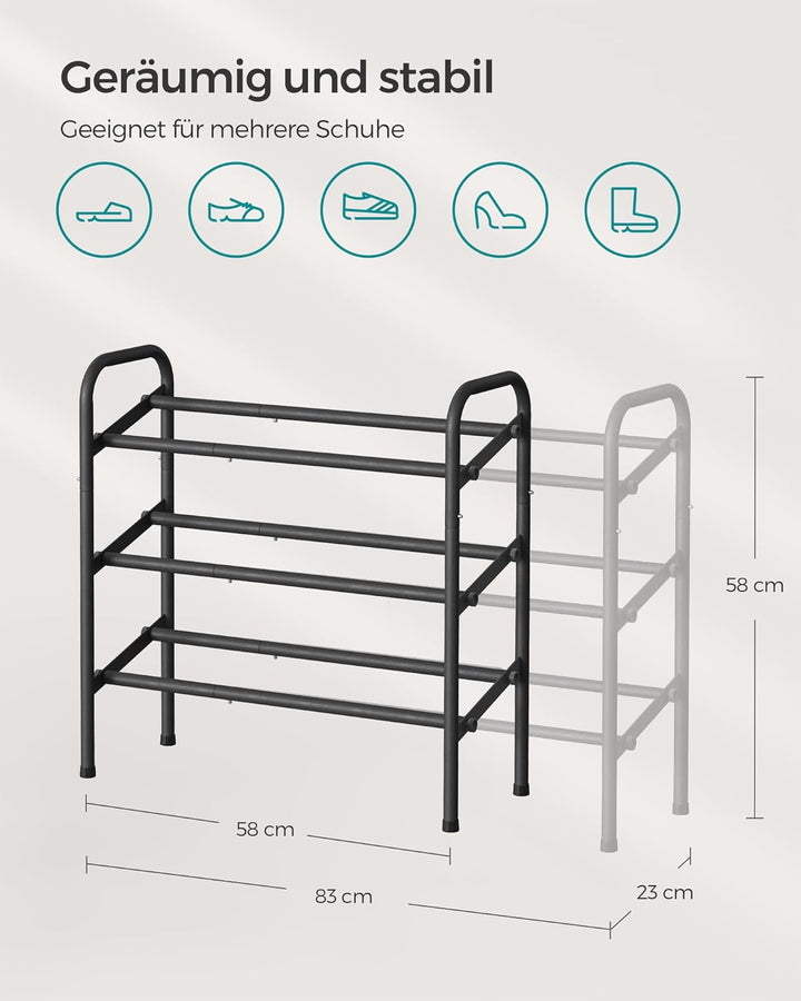 SONGMICS Schuhregal, Schuhständer, 3 Ebenen, Metallregal, verstellbar, Schuhe,Standregal, für Flur,
