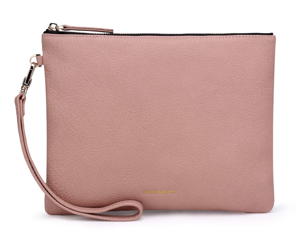 Doris&Jacky Damen Echtes Leder Clutch Schaffell Geldbörse Abendtasche mit Handschlaufe Pink-ziegenfe