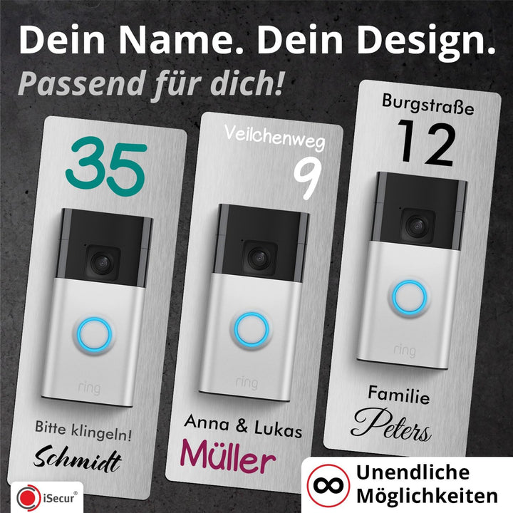 iSecur Edelstahl Blende personalisiert Premium - Passend für Ring Akku-Videotürklingel 2, Gen 3 Plus