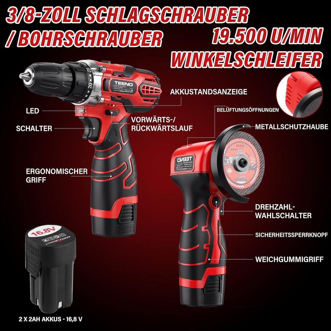 TEENO 16,8 V Akku-Schlagbohrschrauber & Winkelschleifer Set, 25+1 Drehmomentstufen (45 Nm), 19500 U/