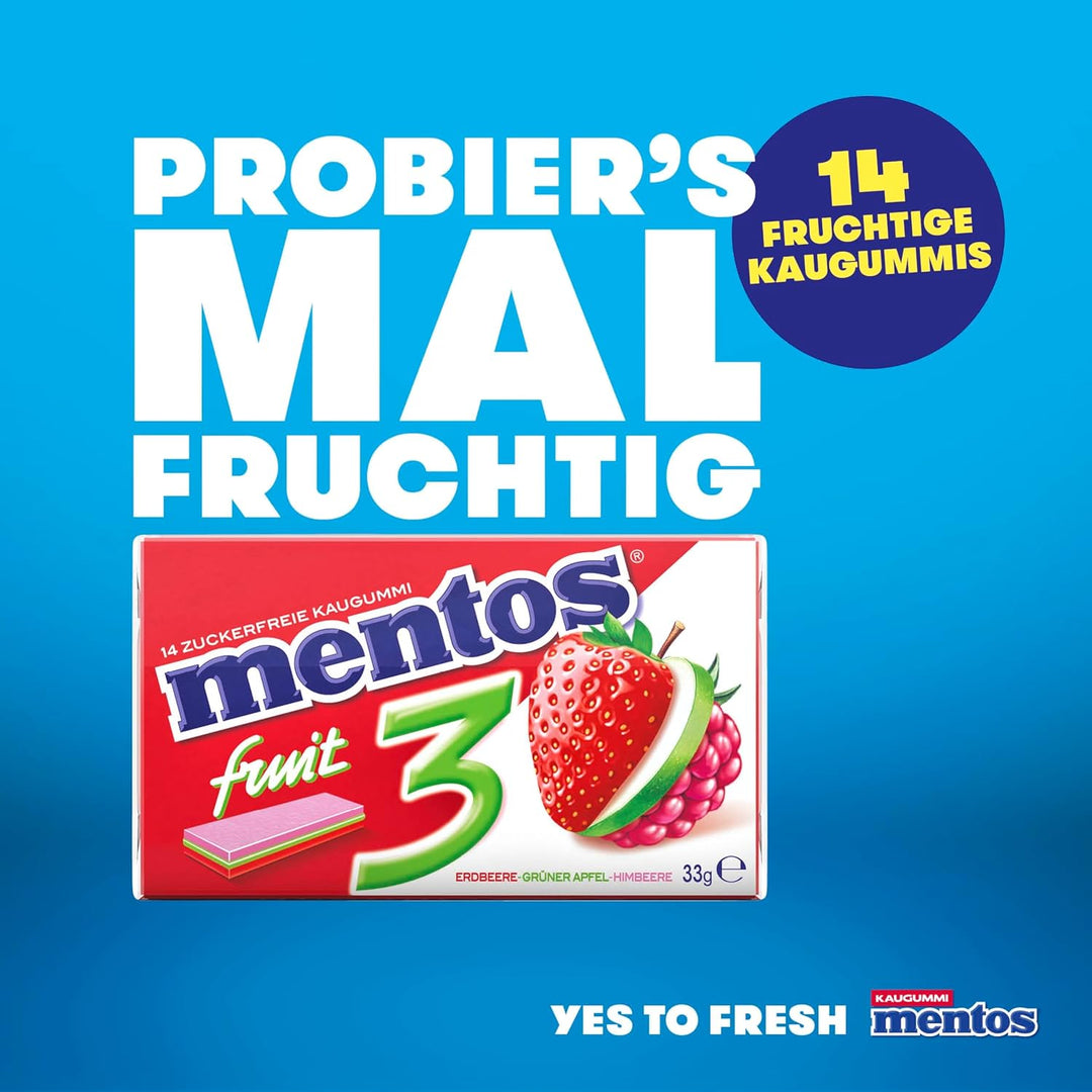 Mentos Kaugummi Fruity Fresh Erdbeere - Grüner Apfel - Himbeere, zuckerfreie Chewing Gum Dragees mit