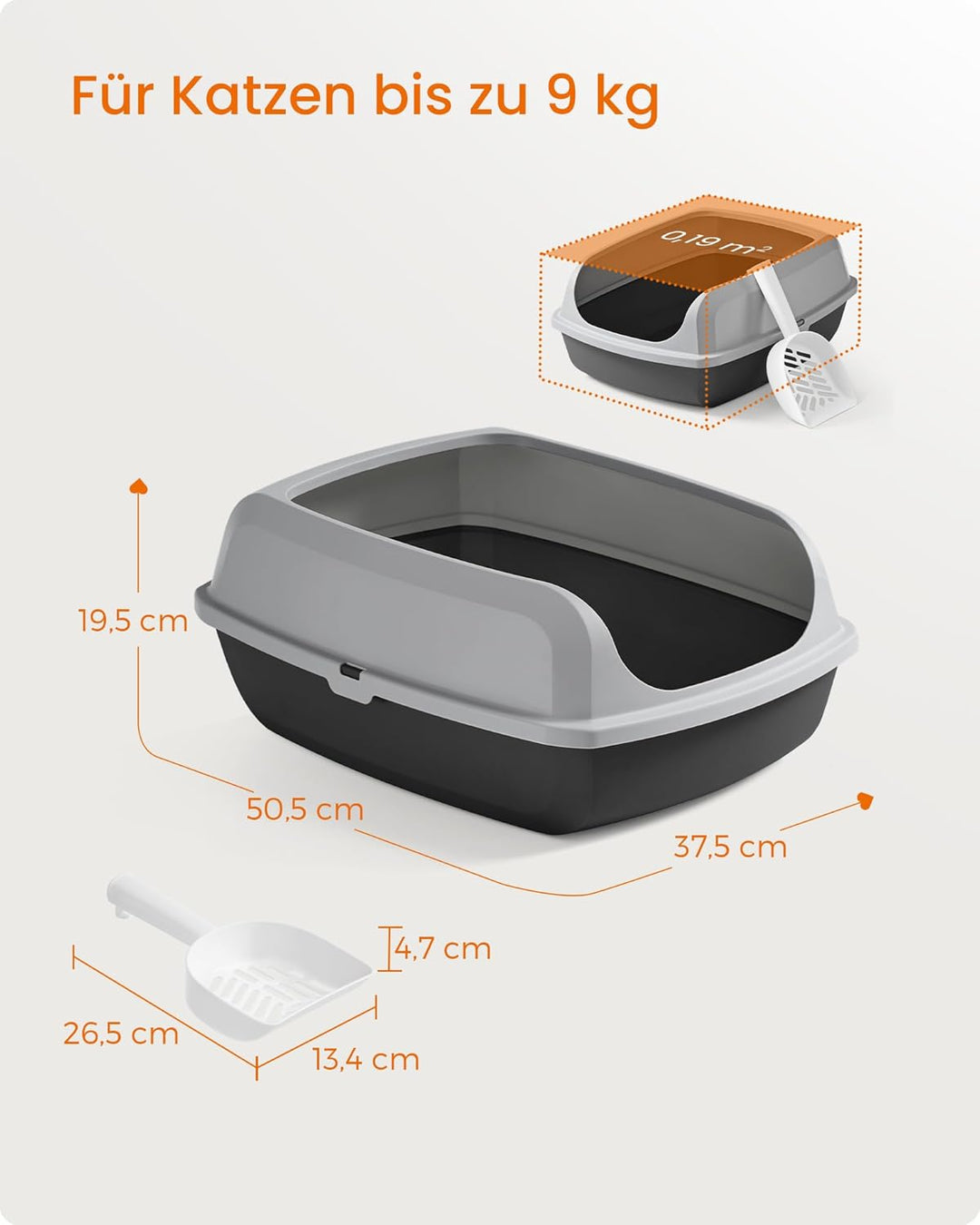 Feandrea Katzenklo mit hohen Seitenwänden, XL, offene Katzentoilette, mit Schaufel, für Kätzchen und