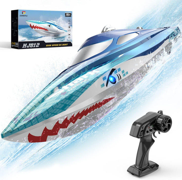DEERC RC Boot mit LED-Licht,ferngesteuertes Haiboot für Pools und Seen, 20+ km/h RC-Boot, 2,4-GHz-Re