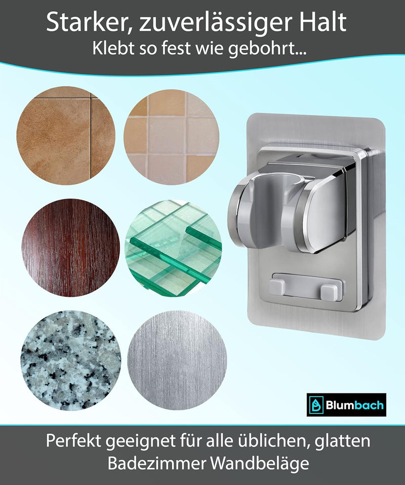 BLUMBACH® Duschkopfhalterung ohne Bohren - DAS ORIGINAL - Duschhalterung kleben statt Bohren - Neigu