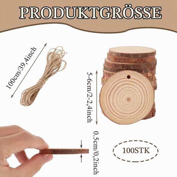 APACALI 100 Stück Holzscheiben 5CM, Holzscheiben zum Basteln mit Loch, Baumscheiben mit Rinde, Rund