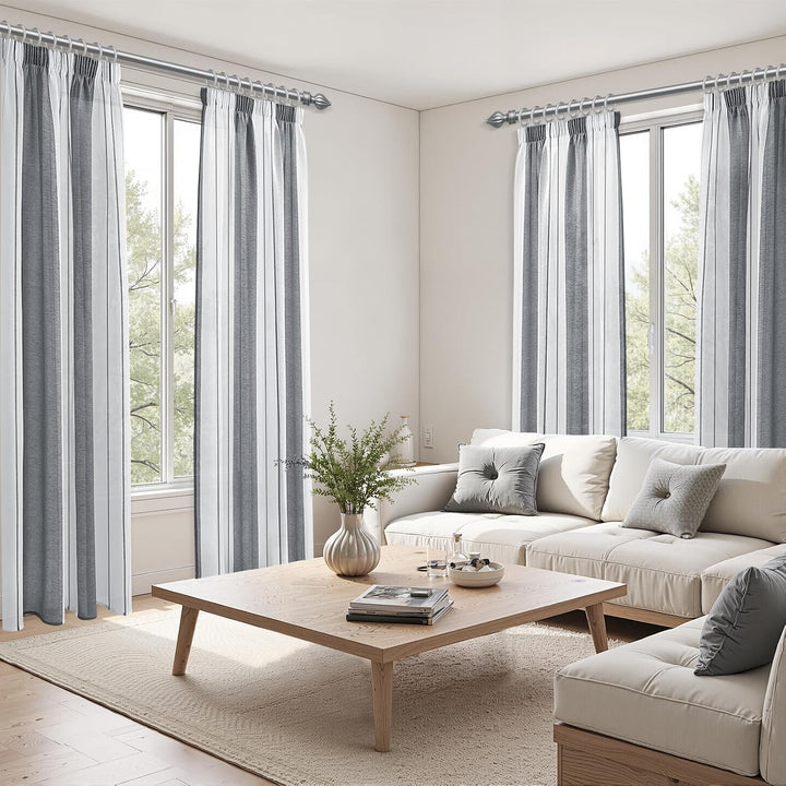 MRTREES Vorhang Halbtransparent Grau und Weiss Streifen Gardinen Mit Kräuselband Vorhänge 137x140 cm