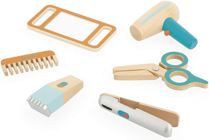 Janod - Friseurkoffer - Imitationsspiel für Berufe - incl. 6 Accessoires aus Holz - Regt die Fantasi