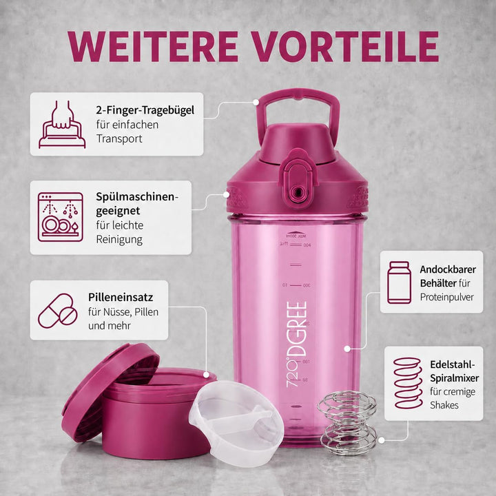 720°DGREE Protein Shaker mit Pulverfach 550ml “uberShaker“ – Auslaufsicher, BPA-Frei, Skala, Spiralm