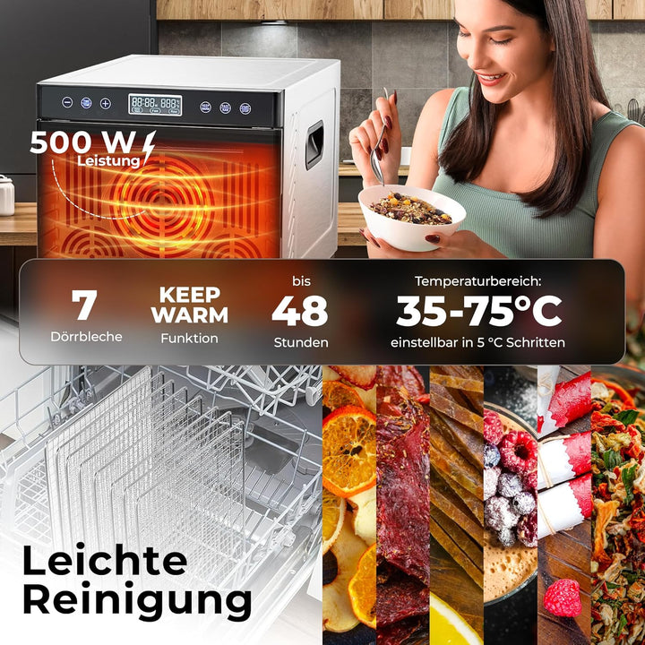 Balter Dörrautomat Edelstahl, Dörrgerät mit 7 Einlegefächern, BPA-frei, 600 W, 35°–75°C, Timer bis 4