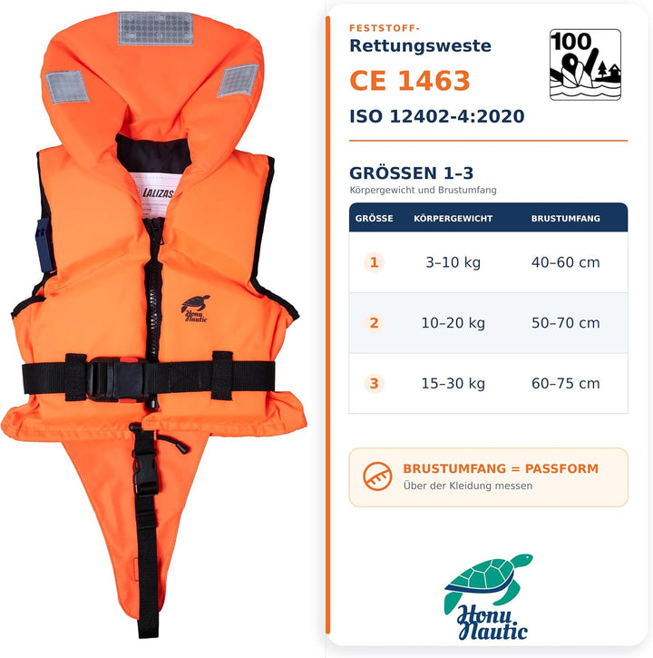 HonuNautic Feststoff Rettungsweste für Kinder und Erwachsene | Feststoffweste | 100 N, CE ISO 12402-