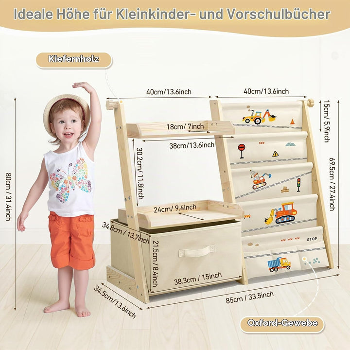 Bücherregal Kinder Kinderzimmer Spielzeug Aufbewahrung mit 4 Regalebenen &amp; Aufbewahrungsbox, Kinderr