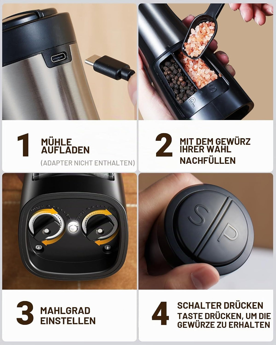 Sangcon 2 in 1 Salz und Pfeffermühle Elektrisch, Pfeffermühle USB-Aufladbarer，Automatische Einhandbe