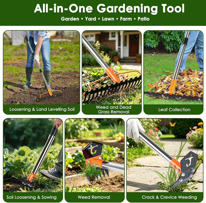 3-in-1 Unkrautstecher mit Langem Stiel 150cm, Gartenhacke, Gartenrechen | 6-zinkiger Gartenhacke, 14