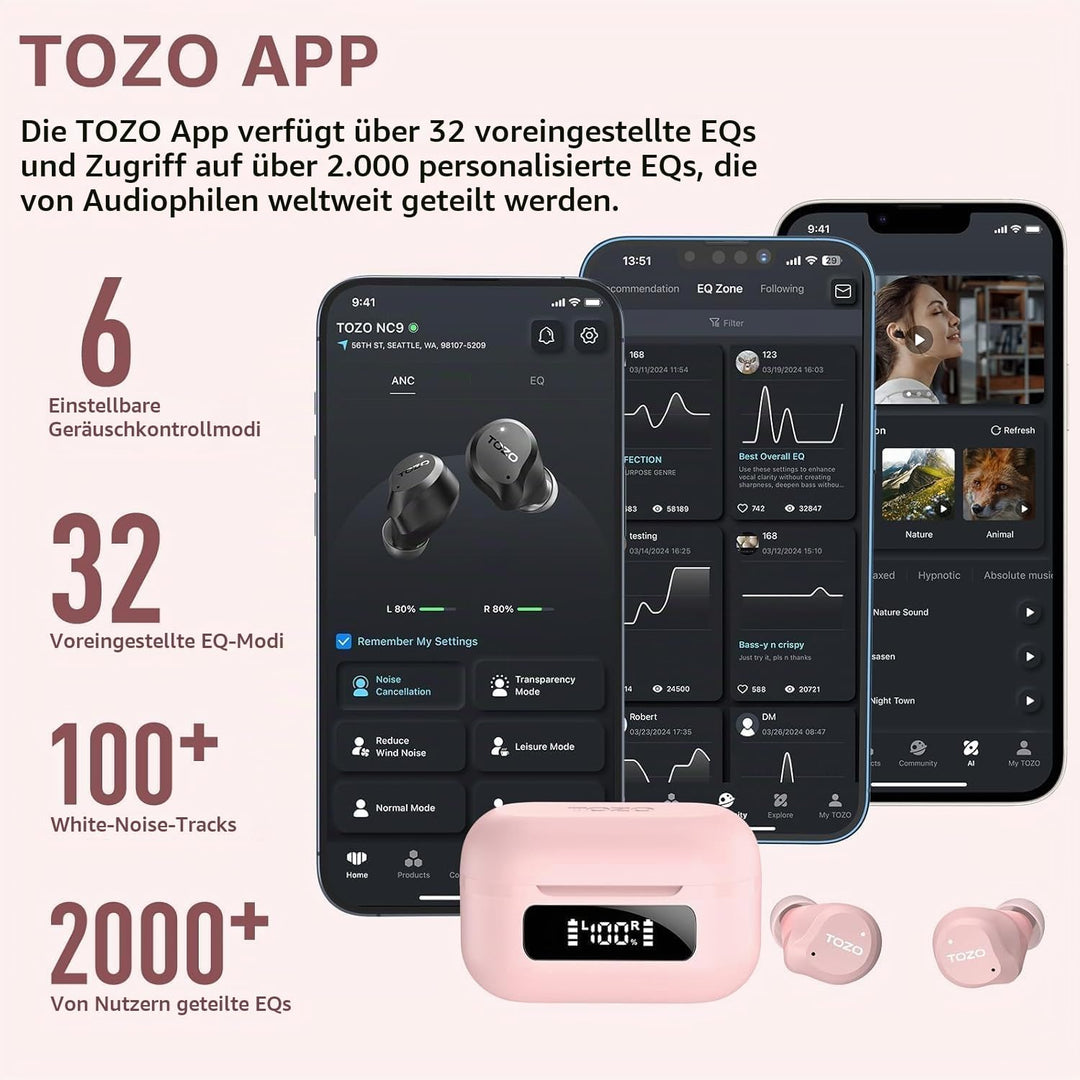 TOZO NC9 In Ear Kopfhörer Kabellos Bluetooth 5.3 mit Hybrid Active Noise Cancelling, 6 Mikrofone für