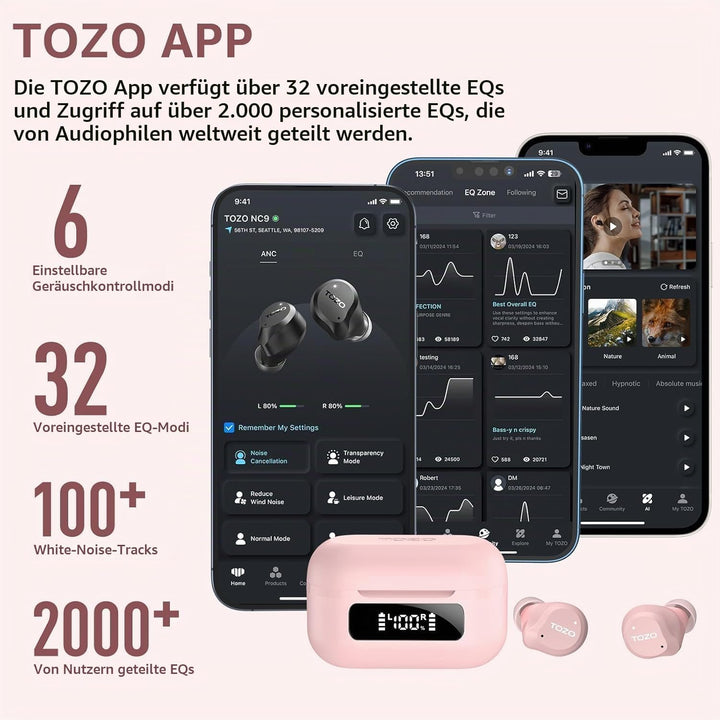 TOZO NC9 In Ear Kopfhörer Kabellos Bluetooth 5.3 mit Hybrid Active Noise Cancelling, 6 Mikrofone für