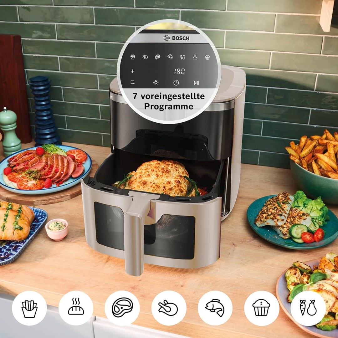 Bosch Heissluftfritteuse Serie 6, XXL Air Fryer, creme, 7,2 L Fassungsvermögen, beleuchtetes Sichtfe