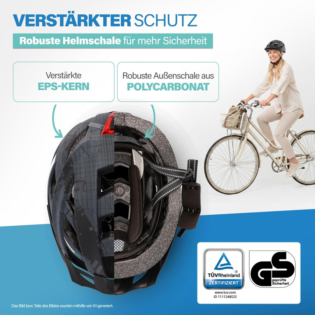 Fischer Erwachsene Fahrradhelm, Radhelm, Cityhelm Urban Plus, S/M oder L/XL, mit integriertem LED-Rü