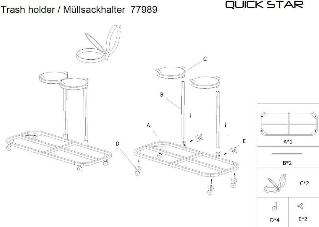 QUICK STAR Doppel Müllsackständer verzinkt mit 4 Rollen 120 Liter Ständer Müllbeutelhalter Müllsackh