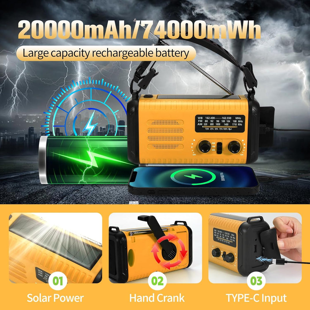 Notfall-Solar-Kurbelradio mit 20.000 mAh, AM/FM NOAA tragbares Wetterradio mit USB-Aufladung, Handy-