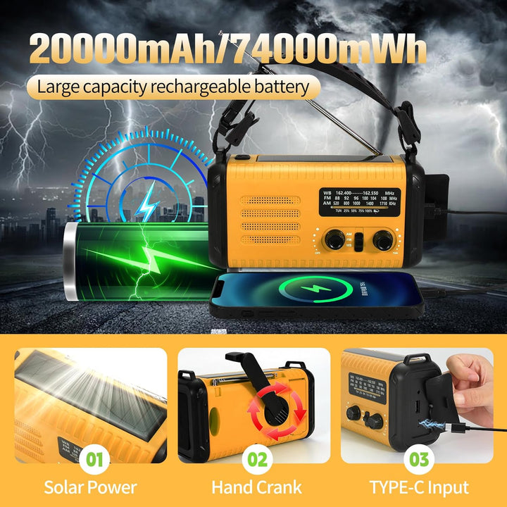 Notfall-Solar-Kurbelradio mit 20.000 mAh, AM/FM NOAA tragbares Wetterradio mit USB-Aufladung, Handy-