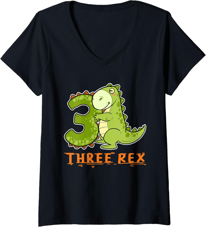 Damen 3 Jahre Dritter Geburtstag TRex Geburtstags Dino Dinosaurier T-Shirt mit V-Ausschnitt