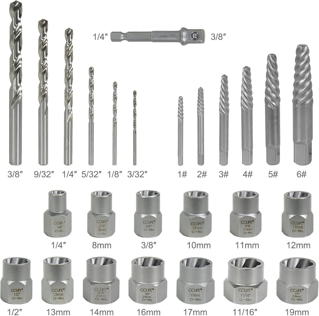 CCLIFE Schraubenausdreher Set 26tlg 3/8" CR-MO Turbonüsse 8-19mm | Linksausdreher Stecknüsse zum Ent